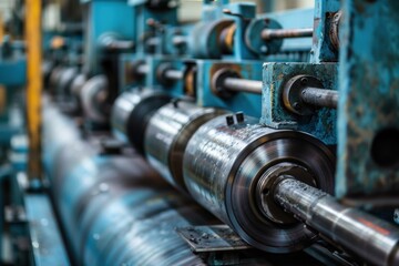 Naklejka premium A row of metal parts are being manufactured, generative ai image