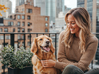 Woman petting happy golden retriever on urban balcony