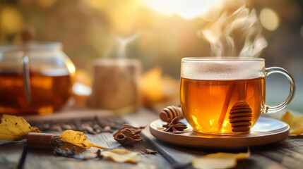 A steaming cup of honey-sweetened tea with spices sits on a wooden table, creating a cozy autumn scene. The image evokes a sense of warmth and togetherness, like a couple enjoying a moment together.