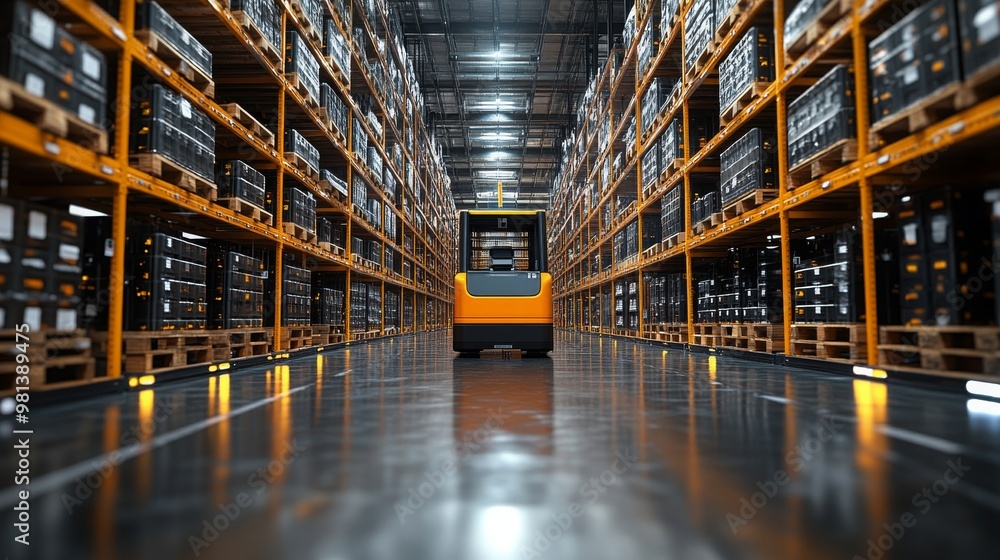 Poster ai-powered robotic system automates tasks in a large warehouse during daytime operations
