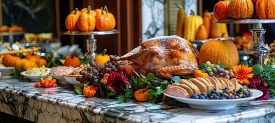 Elegant Thanksgiving Brunch Buffet with Gourmet Turkey, Side Dishes, and Desserts on Marble Countertop