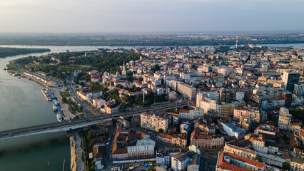 The drone view of the historical downtown center of Belgrade at sunset.