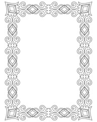 Vertical frame with gems and curls - vector linear drawing for coloring in a magical, elven style. Outline. Frame for creating ornaments, template for creativity.