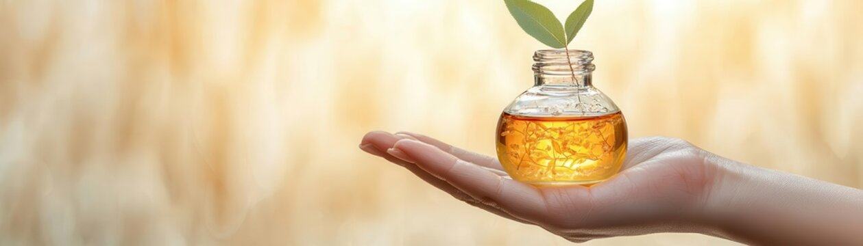Female hand holding herbal tincture bottle in sunlight, homeopathy, natural remedies concept with soft lighting
