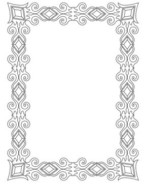 Vertical frame with gems and curls - vector linear drawing for coloring in a magical, elven style. Outline. Frame for creating ornaments, template for creativity.