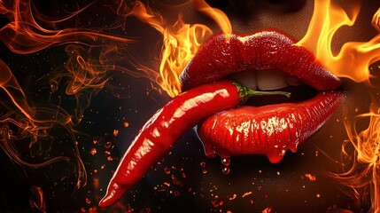 Seductive Red Lips, Fiery Flames, and Dripping Hot Pepper - Spice and Passion Concept for Posters