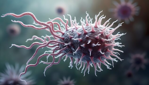 Artistic close-up of Clostridium botulinum, a bacterium responsible for botulism, in an educational 3D rendering.