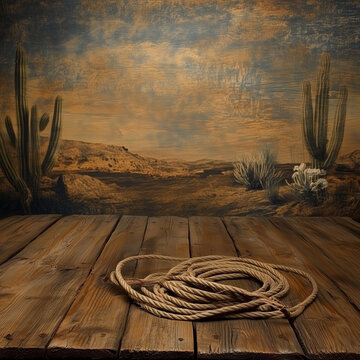 A cowboy western background or wallpaper with cactus and rope on aged grunge stucco wall, frontier  style - a textural antique background with an old Wild West theme or desert southwest motif - paint