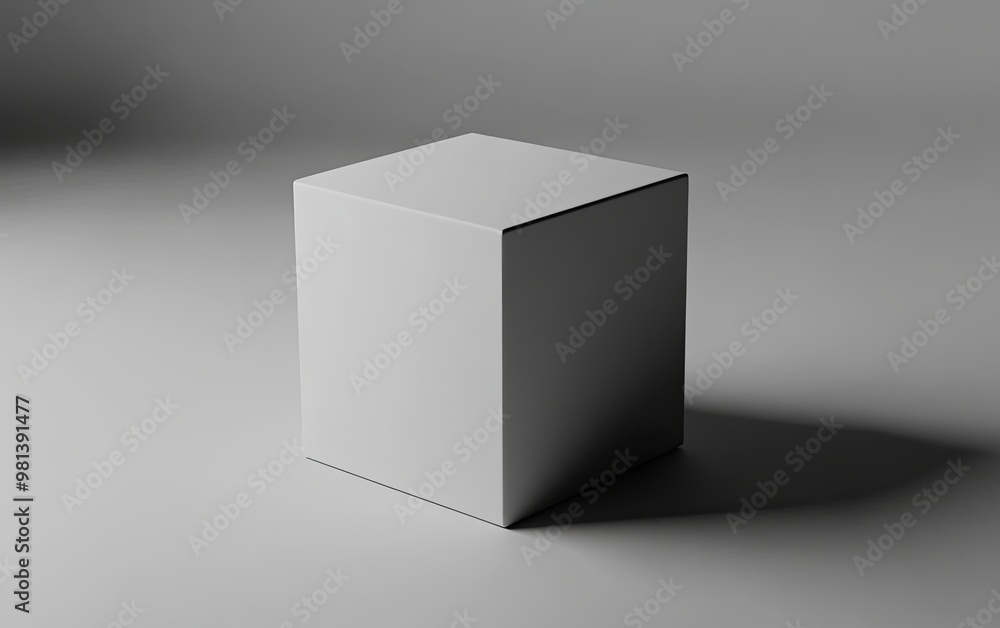 Poster A simple gray cube on a smooth surface, casting a soft shadow, highlighting minimalistic design and spatial awareness.