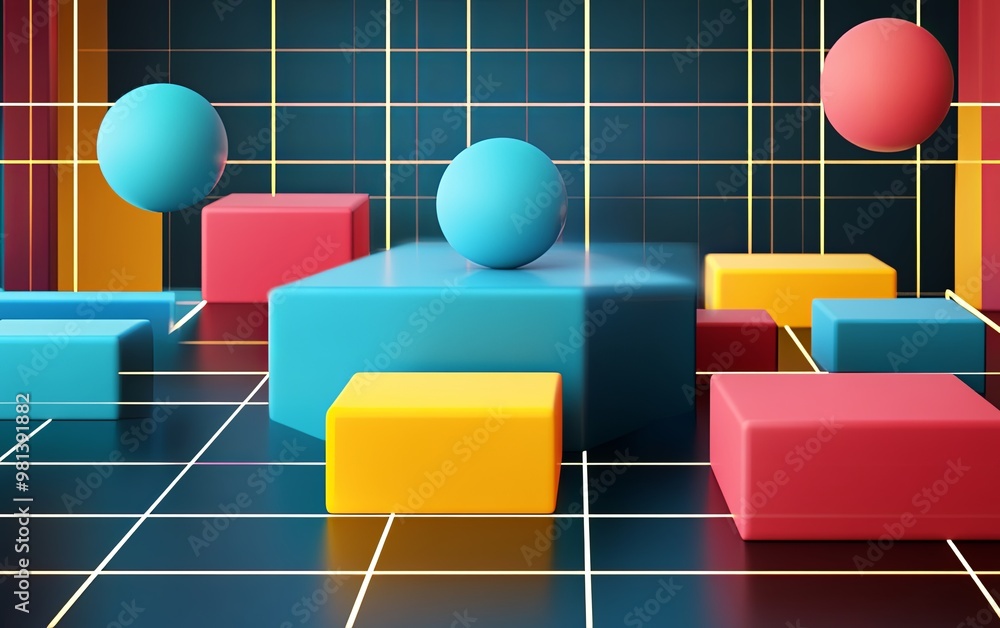 Poster a vibrant 3d composition of geometric shapes in various colors, creating a playful and modern visual