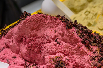 Dried pomegranate powder at the market. Turkish pomegranate tea