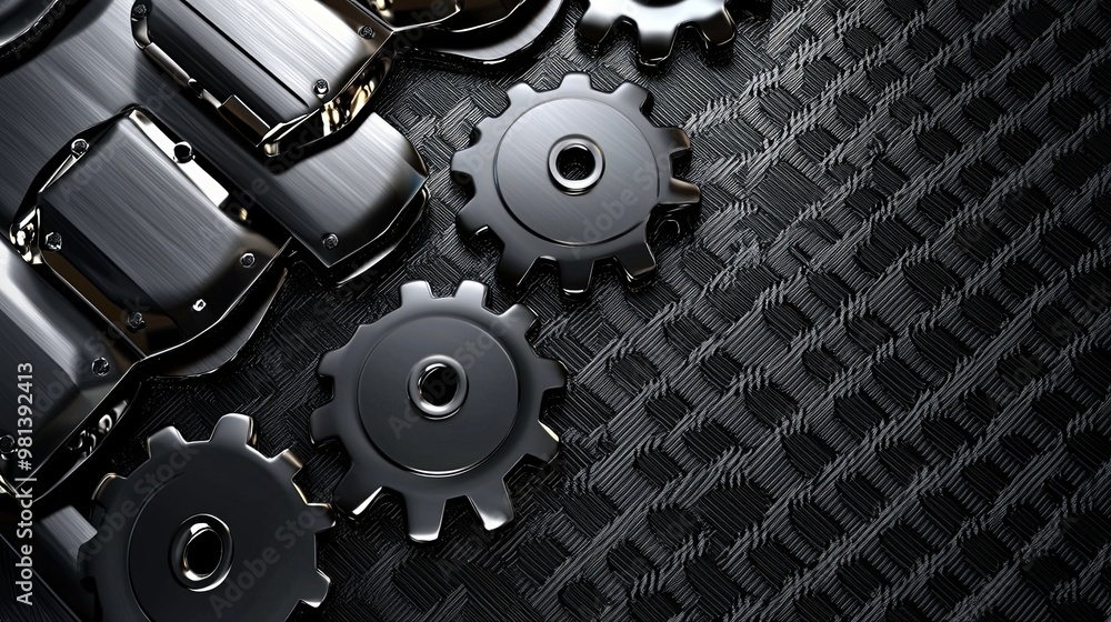 Poster a close-up view of metallic gears on a textured background, emphasizing industrial design and techno