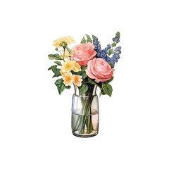 watercolor A flower basket is placed on top of a flower vase vector illustration, white background