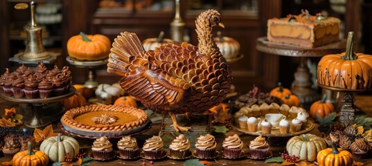 Thanksgiving Dessert Table with Roasted Turkey Cake and Fall Themed Treats for Holiday Celebrations