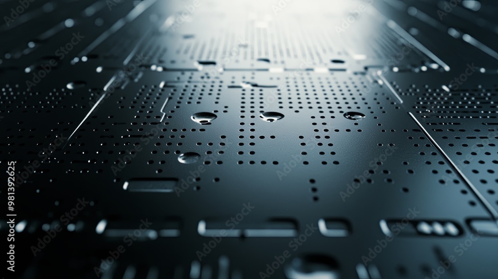 Poster a close-up view of a textured, dark surface with circuit-like patterns and droplets, suggesting a te