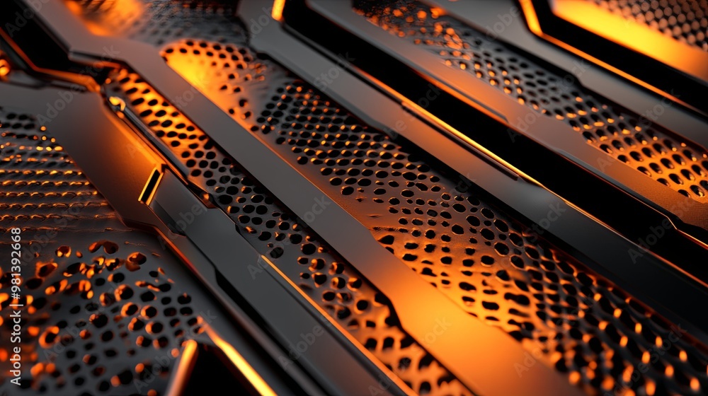 Poster a close-up of a futuristic metallic surface with intricate patterns and glowing orange highlights, s