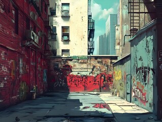 Fototapeta premium Vibrant Urban Graffiti Adorning a Weathered Alley Wall in Gritty Cityscape