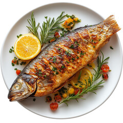Grilled fish served with lemon and herbs on white plate, garnished with cherry tomatoes and rosemary, creating vibrant and appetizing presentation