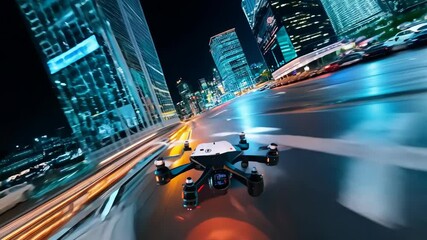 Drone racing through a vibrant cityscape at night showcasing futuristic architecture and dynamic lighting