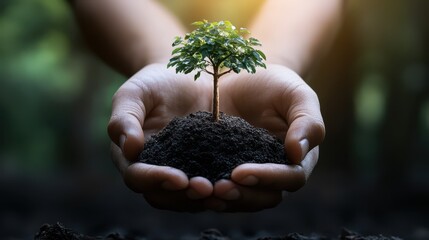 A pair of hands gently cradles a small tree sapling planted in rich soil, symbolizing growth and care, This image is ideal for themes related to environmentalism, sustainability, and nurturing nature