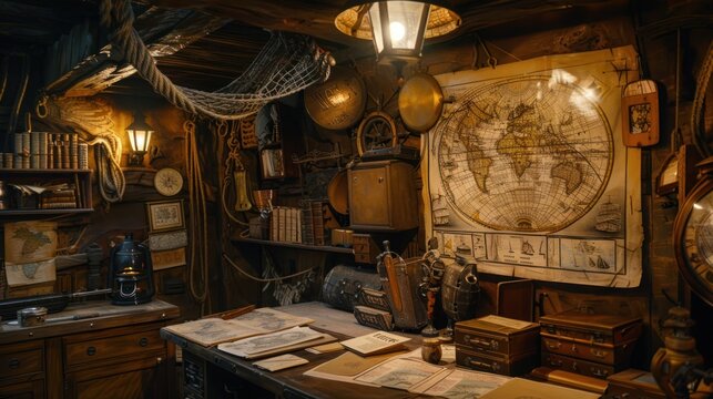 Nautical Cabin Interior with World Map