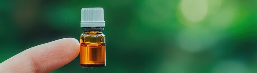 Man s hand holding small vial of essential oil with forest backdrop, alternative medicine, naturebased solutions for modern health