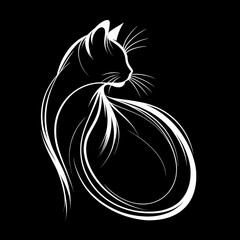 A cat is shown in a black and white drawing. The cat is curled up and he is resting. The drawing has a calm and peaceful mood, and it seems to be a representation of the cat's natural behavior