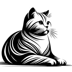 A British Shorthair and white cat is laying down on a white background. The cat has a calm and relaxed expression on its face