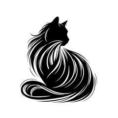 A Birman cat with long hair is sitting on a white background. The cat has a very long tail and is curled up