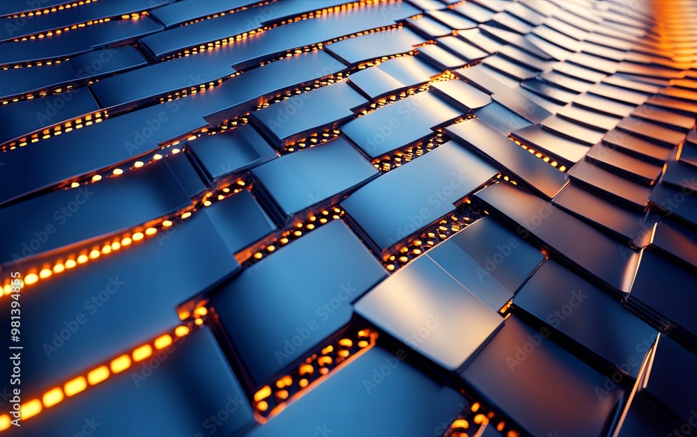 Poster a close-up view of a textured metallic surface with glowing elements, showcasing a blend of technolo