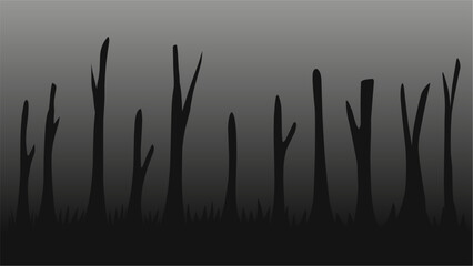 Silhouette illustration of dead trees. Black and white scary background