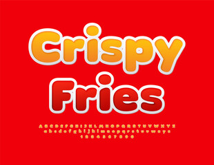 Vector advertising label Crispy Fries. Creative Bright Font. Modern Alphabet Letters and Numbers set.