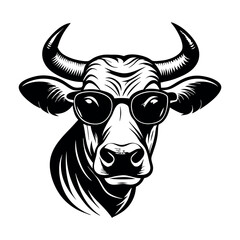 a black and white illustration of a cow's head. The cow has two large horns on its head and is wearing a pair of sunglasses