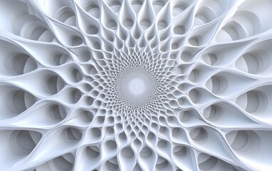 A mesmerizing 3D white geometric pattern radiating from a central point, showcasing intricate design and symmetry.