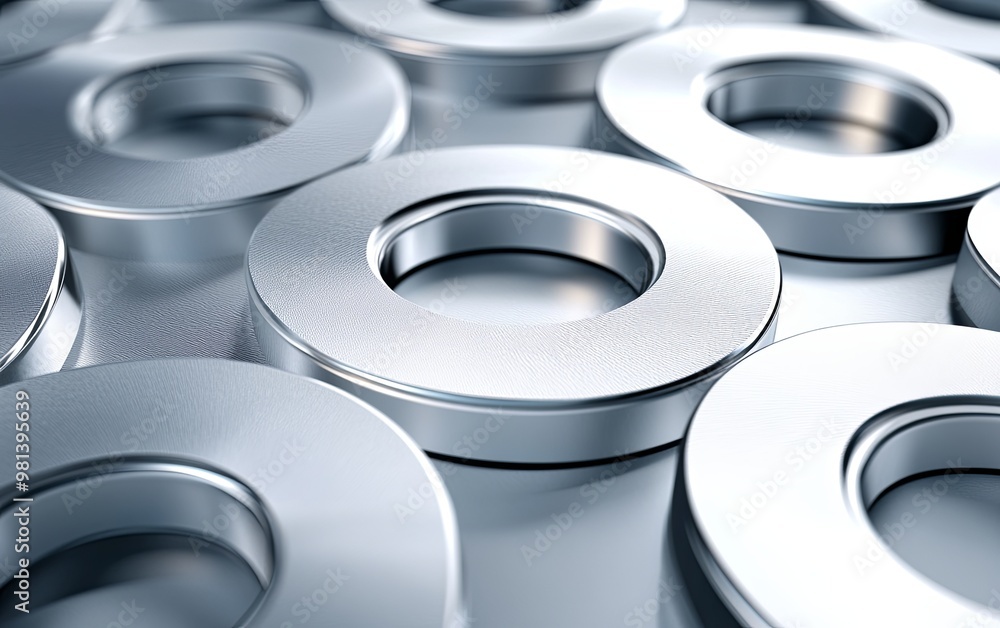 Poster a close-up view of metallic washers, showcasing their circular shape and smooth surface, often used 