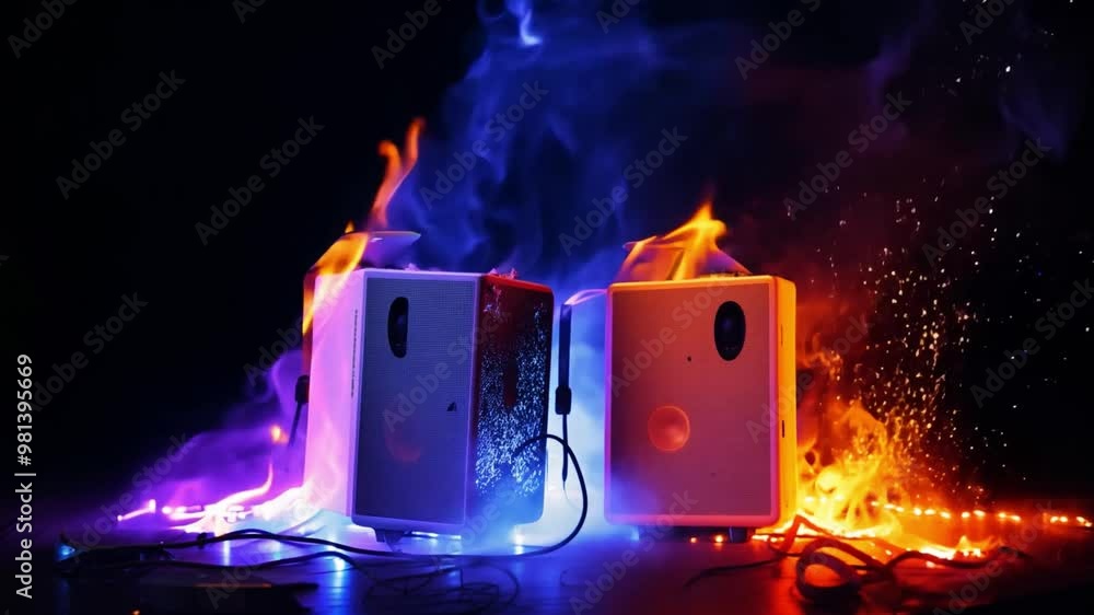 Poster this bright flames and vibrant colors surround electronic speakers, creating a dynamic display of li