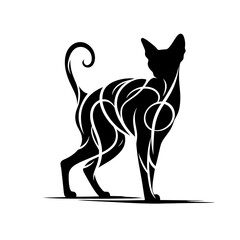 A Devon Rex cat with a long tail and a black body. The cat is standing on a white background