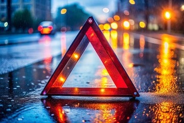A red triangle with a lit up light on it is on the road