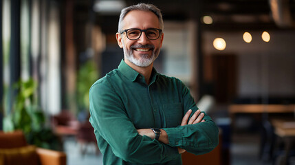 Confident and successful mature businessman smiling with arms crossed in a contemporary office setting