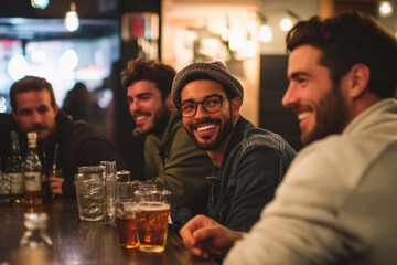 Guys night out - diverse men friends at bar drinking, having fun, talking
