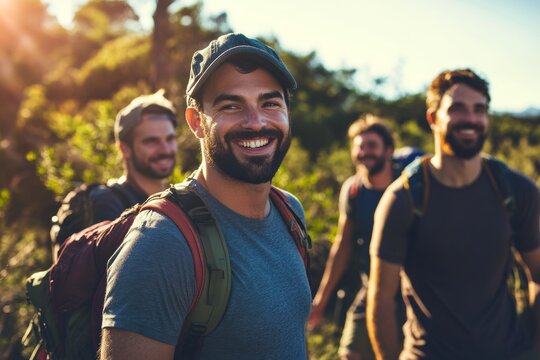 Guys night out - diverse men friends at hiking trip smiling. Men on adventure together. Male friendship. Bromance. 