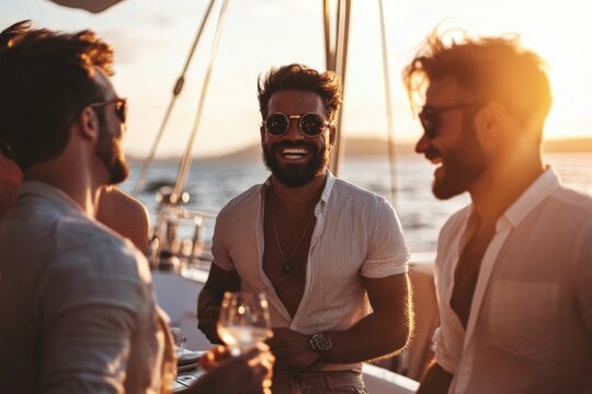 Guys night out - diverse men friends at yacht having fun on vacation at sunset. bachelor party trip.