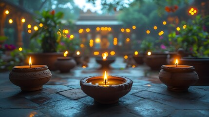 A festive scene of Diwali celebration with oil lamps lit in small clay pots, symbolizing the festival's spiritual significance and cultural richness