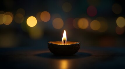 A single candle is lit, casting warm light on the dark background with blurred lights in the distance, Diwali celebration