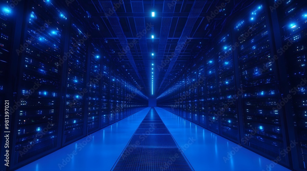 Poster data center management - create an intricate data center with rows of servers, advanced cooling syst