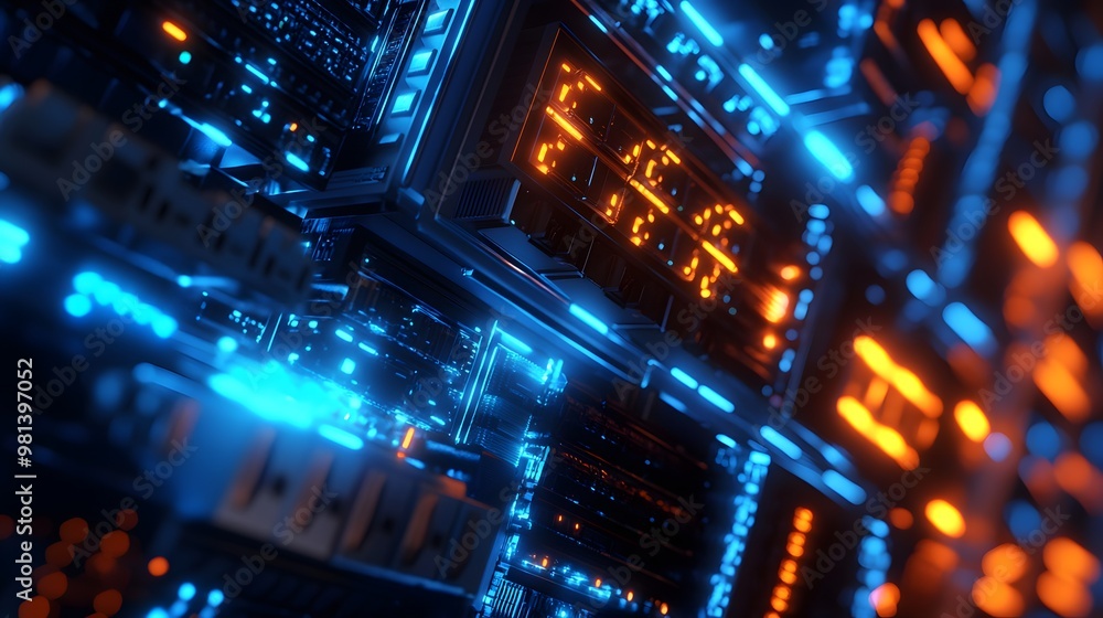 Aufkleber data center management - create an intricate data center with rows of servers, advanced cooling syst