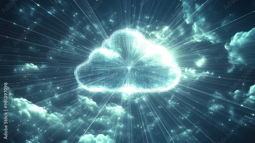 Poster cloud computing - depict a digital cloud filled with various computing services like servers, databa