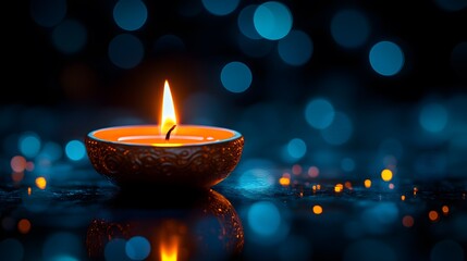 A single candle is lit, casting warm light on the dark background with blurred lights in the distance, Diwali celebration