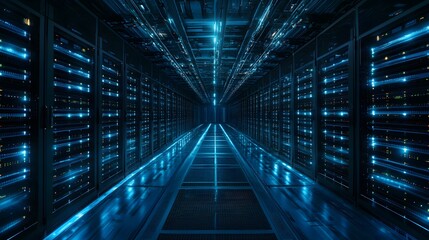 Fototapeta premium Data Center Management - Create an intricate data center with rows of servers, advanced cooling systems, and power supplies glowing with blue LED lights, showcasing efficient management