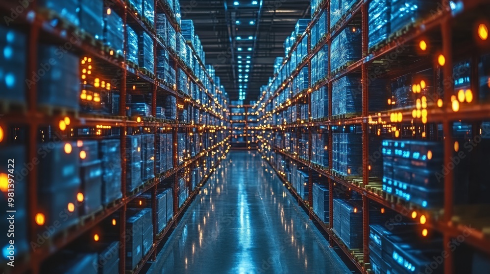 Poster ai systems analyze data for predictive insights in a high-tech warehouse environment